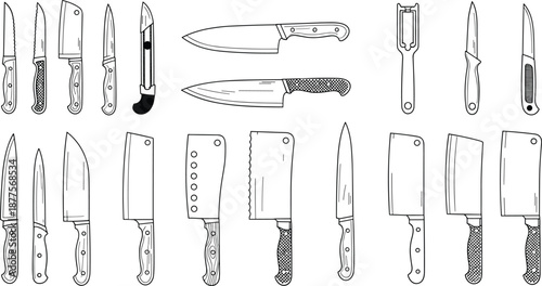 Collection of kitchen knives and cutting tools including chef’s knife, cleaver, paring, utility, serrated, boning, peeler, and carving designs