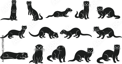 Collection of twelve mustelid animal silhouettes including weasels, otters, and ferrets in various poses for wildlife design illustration