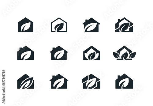Smart Home Logos. Smart home integration in modern architecture. Icon set. Set Logo of Smart home integration in modern architecture: eco-smart energy leaf in