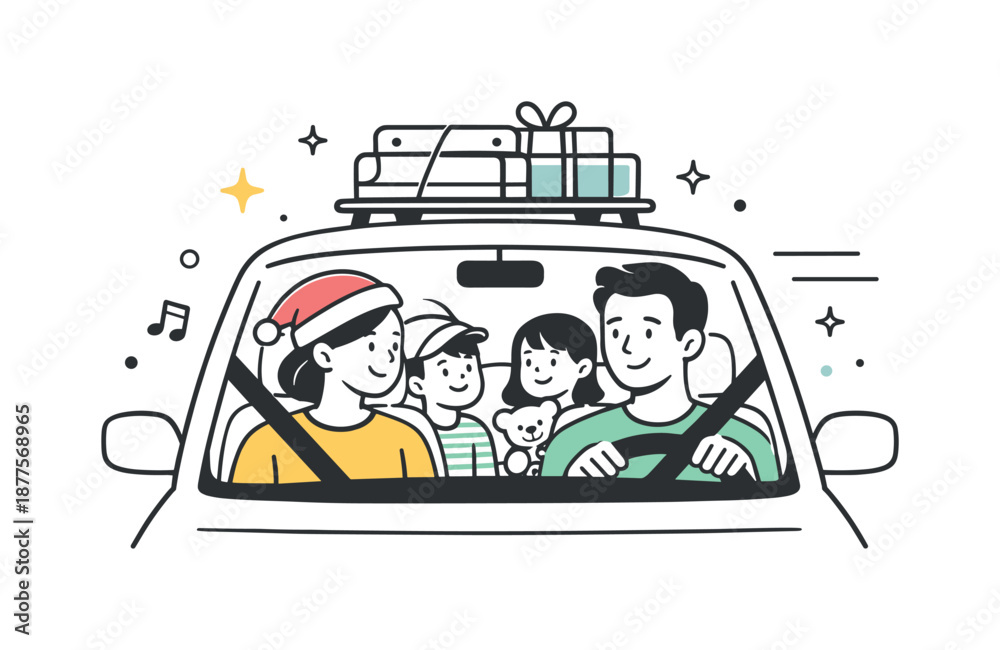 Naklejka premium Family Holiday Journey. Family vacation drive. A family heading toward a holiday destination together, sharing smiles and quiet moments. Togetherness, comfort,