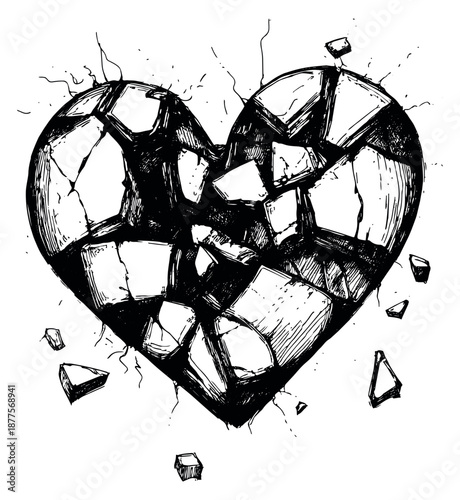 Hand drawn line art illustration of a broken heart depicting emotional pain for themes of loss