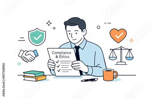 Ethical Business Review. Compliance and ethics. Business character reviewing rules and ethical guidelines on a document. Quiet focus on integrity, trust, and