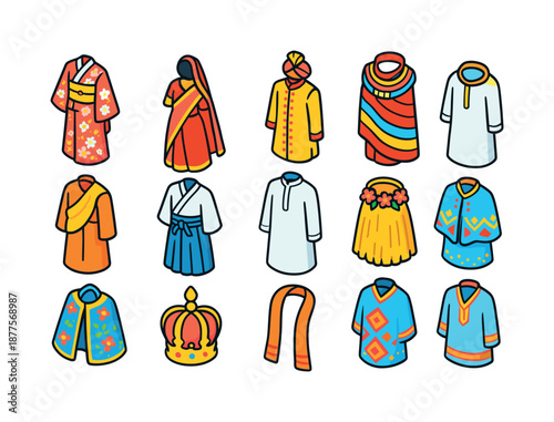 Colorful Ceremonial Attire Icons. Ceremonial wear. Colorful isometric vector icons set of ceremonial wear: wedding kimono, bridal sari, traditional groom