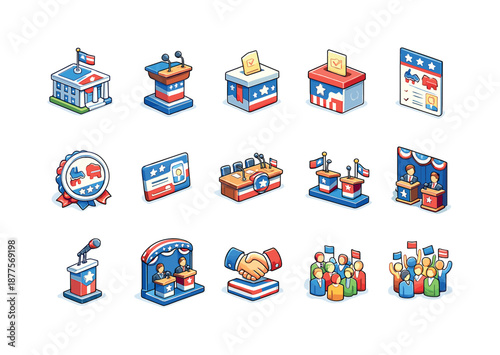 Colorful Political Icons. Political parties. Colorful isometric vector icons set of political parties: party building, podium, ballot box, campaign flyer,