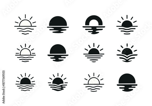 Sunrise Reflection Icons. Quiet reflection. Icon set. Set Logo of quiet reflection: sunrise over still lake. harmonious logo variations of the same emblematic