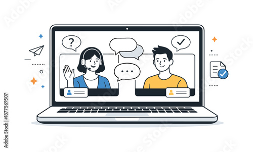 Virtual HR Interview. Online HR interview. A recruiter and candidate connected through a video call on a laptop screen. Friendly remote interaction with simple