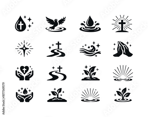Baptism Icon Set. Baptism themes. Solid icon set of baptism themes: purity symbol, rebirth icon, water of life, spiritual light, guidance star, faith path,