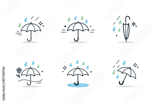 Spring Umbrella Icons. Spring rain umbrella icon set. Minimal umbrella symbols combined with soft raindrops and motion lines, expressing light rainfall and