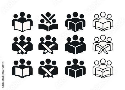 Group Study Icons. Group study sessions. Icon set. Set Logo of Group study sessions: Books and pencils in rotation: Negative space, Flat solid, Abstract
