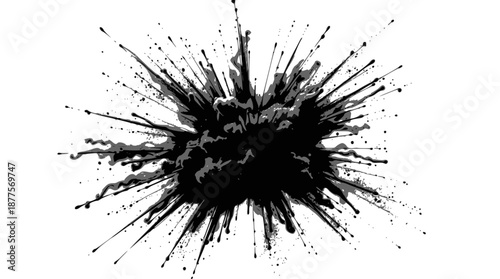 A black ink splatter exploding outwards on a pristine white background, creating a dynamic burst effect.