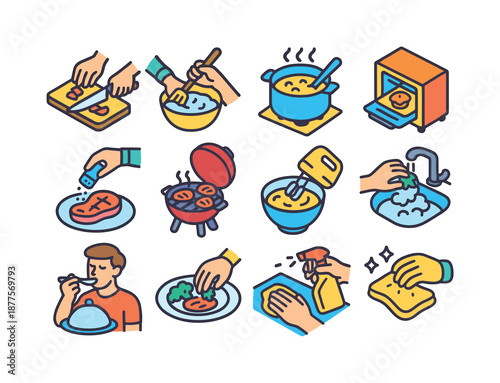 Colorful Kitchen Icons. Kitchen activities. Colorful isometric vector icons set of kitchen activities: chopping, stirring, boiling, baking,