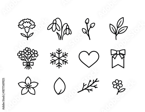 January Birth Flowers Icons. January birth flowers. Line icon set of january birth flowers: carnation, snowdrop, bud stem, leaf sprig, bouquet shape,