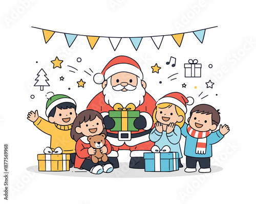 Joyful Santa Gathering. Santa Claus with children celebration. Group of children standing around Santa with simple holiday decorations. Cheerful mood and