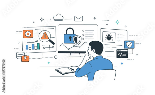 Cybersecurity Risk Analysis. Cybersecurity risk analysis. Professional examining potential vulnerabilities on screens with graphs and lock symbols, thoughtful