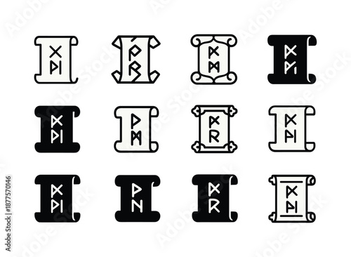 Rune Symbol Icon Set. Runes and symbols. Icon set. Set Logo of runes and symbols: magical inscription scroll. harmonious logo variations of the same emblematic