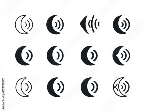 Sleep Sound Icons. Relaxing sounds for sleep. Icon set. Set Logo of relaxing sounds for sleep: moon with sound waves. harmonious logo variations of the same