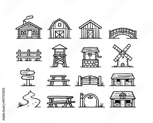 Valley Icons Collection. Valley structures. Line icon set of Valley structures: cabin, barn, shed, small bridge, wooden fence, lookout tower, stone well,