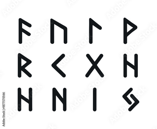 Ancient Rune Icons. Ancient runes. Solid icon set of ancient runes: fehu rune, uruz rune, thurisaz rune, ansuz rune, raidho rune, kenaz rune, gebo rune, wunjo