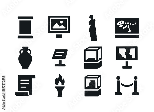 Museum Exhibit Icons. Museum exhibits. Solid icon set of museum exhibits: artifact pedestal, framed painting, sculpture figure, fossil display, ancient