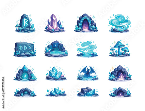 Mystical Cavern Icons. Mystical caverns. Colorful flat vector icons set of mystical caverns: glowing rune stone, enchanted crystal, mysterious doorway,