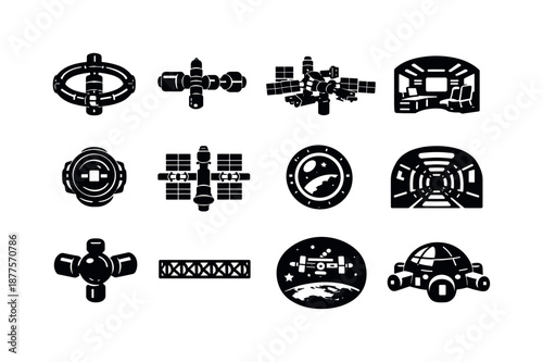 Space Station Icons. Space Station. Solid icon set of Space Station: orbital space station, modular station structure, space station exterior, space station