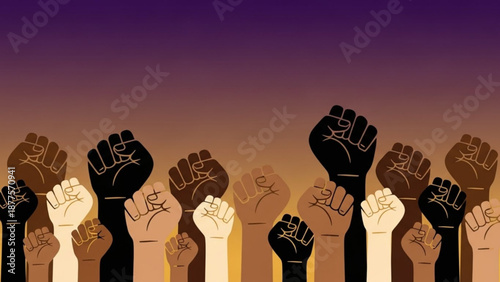 Diverse Fists Raised in Unity at Sunset