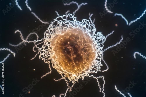 Lyme disease spirochetes floating in a liquid. Microscopic photo of a spirochete of Lyme disease bacteri. Lyme disease bacteria gather in one place in colonies surrounded by a biofilm.