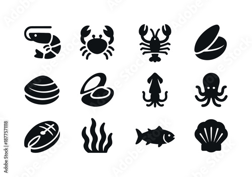 Seafood Icons Grid. Seafood. Solid icon set of Seafood: shrimp, crab, lobster, mussel, clam, oyster, squid, octopus, fish fillet, seaweed, tuna, scallop.