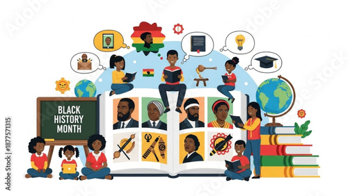 Black History Month Educational Illustration with Diverse Children and Icons