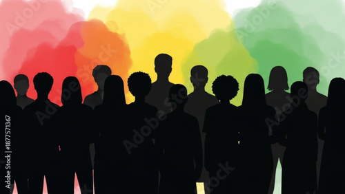 Silhouetted Crowd of People Standing Against Colorful Rainbow Background