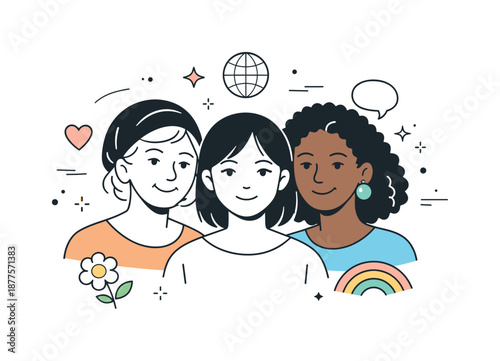 Inclusive Female Portrait. Inclusive Female Portrait. A close-up style portrait of women with calm facial expressions and soft posture. The illustration