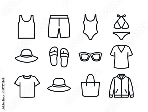 Summer Clothing Icons. Summer clothing. Line icon set of Summer clothing: tank top, shorts, swimsuit, bikini, sun hat, sandals, sunglasses, beach cover-up,
