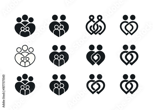 Family Support Icons. Family support systems in times of crisis. Icon set. Set Logo of family support systems in times of crisis: intertwined family figures.