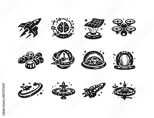 Future Space Icons. Future space travel. Solid icon set of Future space travel: advanced starship, AI navigation core, holographic map, autonomous drone,