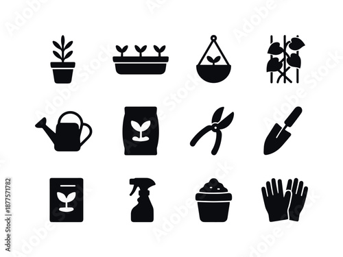 City Gardening Icons. City gardening. Solid icon set of city gardening: potted herb, window box, hanging planter, trellis vine, watering can, soil bag, pruning