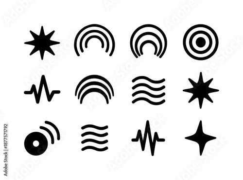 Black Sound Icons. Sound energy motifs. Solid icon set of sound energy motifs: burst ring, expanding ripple, radiating arc, concentric circles, pulse point,