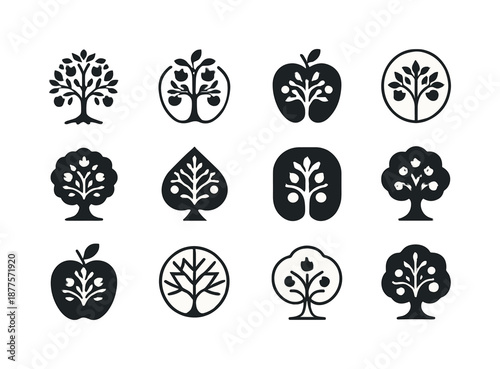 Apple Tree Icon Set. Apple tree. Icon set. Set Logo of apple tree: orchard fruit emblem. harmonious logo variations of the same emblematic concept, each with
