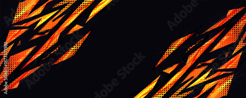 Energetic and Dynamic Sport Background with Orange Energy Shapes on Black Background with Halftone Pattern