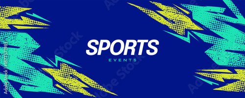 Abstract Grunge Sport Background with Green and Yellow Brush Texture and Halftone Effect on Blue Background. Grunge Background for Banner or Poster Design