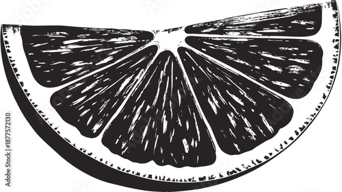 A stark, minimalist illustration of a citrus wedge, defined by bold black lines