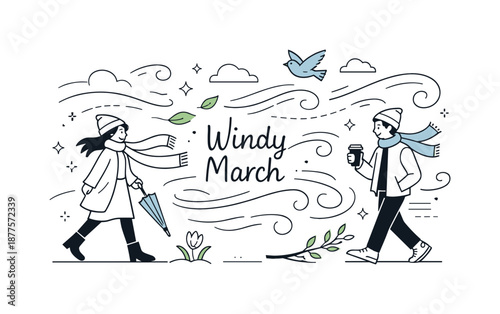 March Wind Illustration. Windy March concept illustration. A light editorial scene with flowing lines and abstract motion shapes, suggesting cool March wind