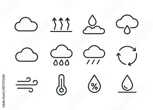 Rain Formation Icons. Rain Formation. Line icon set of Rain Formation: cloud icon, water vapor, evaporation arrow, condensation icon, cloud buildup, rain