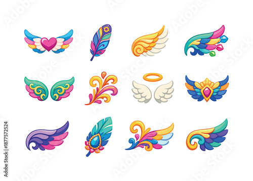Colorful Wing Icons. Wing ornaments. Colorful flat vector icons set of wing ornaments: decorative wing, ornate feather pattern, gold-accent wing, jewel-tipped