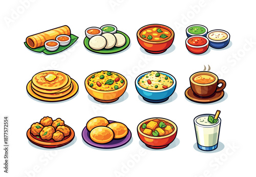 Indian Breakfast Icons. indian breakfast. Colorful isometric vector icons set of indian breakfast: masala dosa, idli pieces, sambar bowl, chutney bowls,