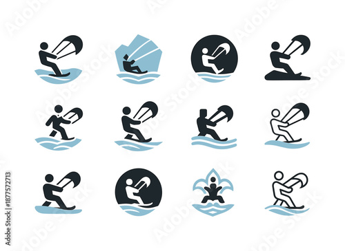 Snowkiting Logo Variations. Snowkiting on frozen lakes. Icon set. Set Logo of snowkiting on frozen lakes: frozen lake pattern. harmonious logo variations of