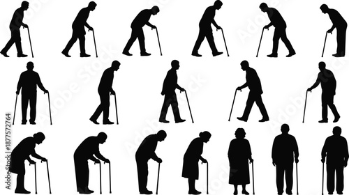 Collection of fifteen elderly silhouettes using canes in diverse walking and standing poses for healthcare, mobility, aging, and accessibility design