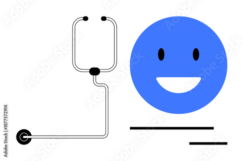 Health care, wellness, happiness, medical diagnostics, patient satisfaction, telemedicine. A stethoscope and a blue happy face with minimal elements. Health care and wellness concept