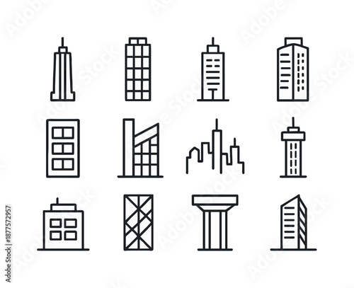Skyscraper Line Icons. Skyscrapers. Line icon set of Skyscrapers: tall tower, glass facade, rooftop antenna, elevator shaft, large windows, corner