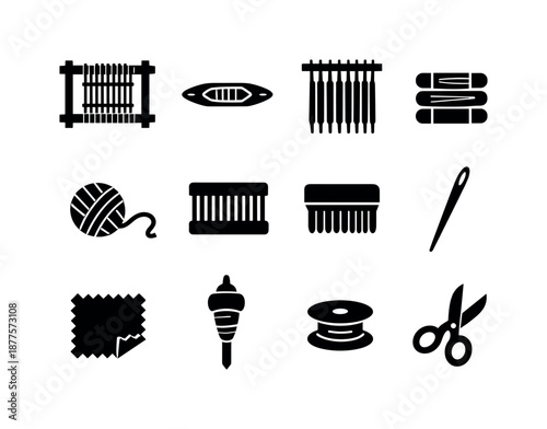 Weaving Craft Icons. Weaving craft. Solid icon set of weaving craft: loom frame, shuttle, warp threads, weft threads, yarn ball, heddle, comb beater, tapestry