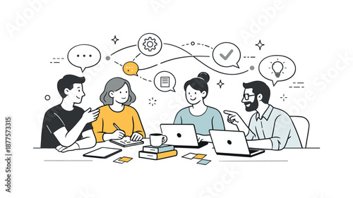 Collaborative Workspace Vibes. Coworking collaboration scene. People working together around a shared table with laptops and notes. Open communication and